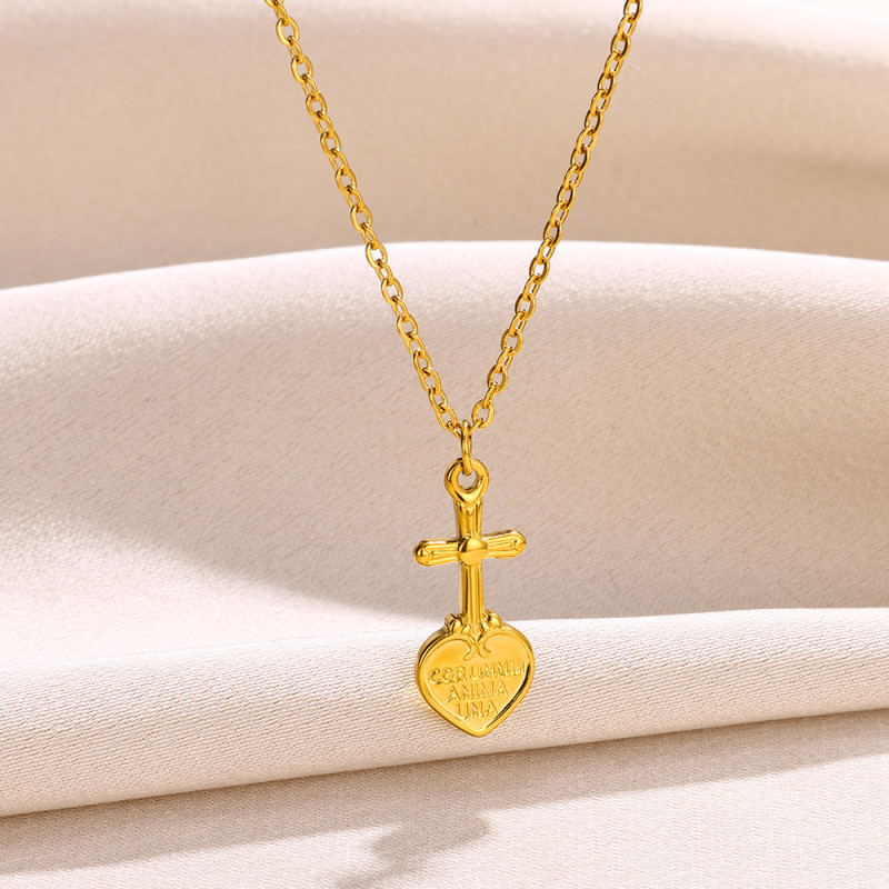 European and American New Style Stainless Steel Gold-Plated Heart-Shaped Cross Necklace for Men and Women Couples Heart Pendant Necklace Wholesale