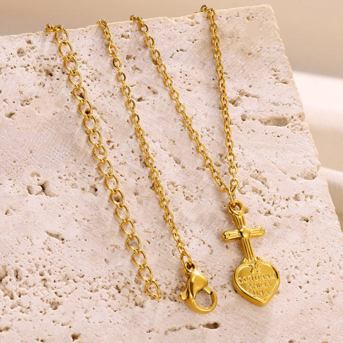 New Style Stainless Steel Gold Plated Heart-Shaped Cross Necklace for Men and Women Couples Heart Pendant Necklace Wh...