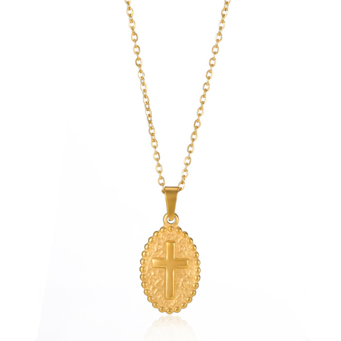 New European and American Style Cross Necklace Portrait Round Geometric Necklace Stainless Steel Hydraulic Pendant Unisex Jewelry Dropshipping