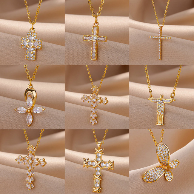 European and American New Style Light Luxury Niche Women's Personality Necklace Simple Retro Micro Inlaid Zircon Cross Pendant Collarbone