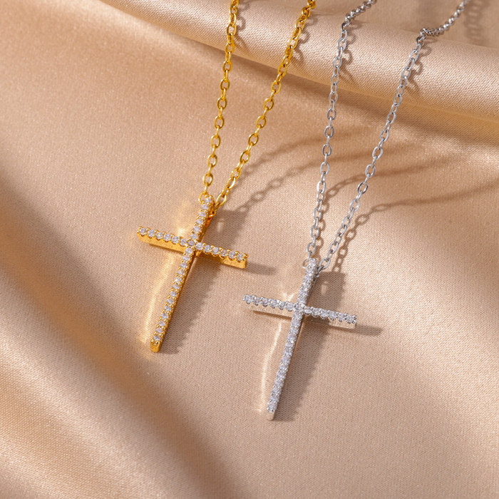 European and American New Style Light Luxury Niche Women's Personality Necklace Simple Retro Micro Inlaid Zircon Cross Pendant Collarbone