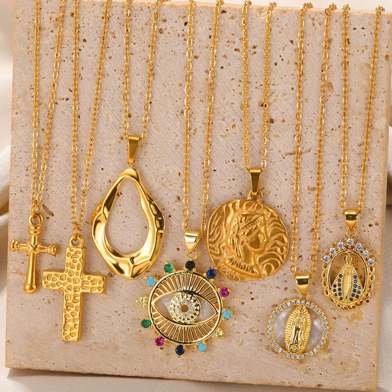 New European and American Style Cross Necklace Portrait Round Geometric Necklace Stainless Steel Hydraulic Pendant Unisex Jewelry Dropshipping