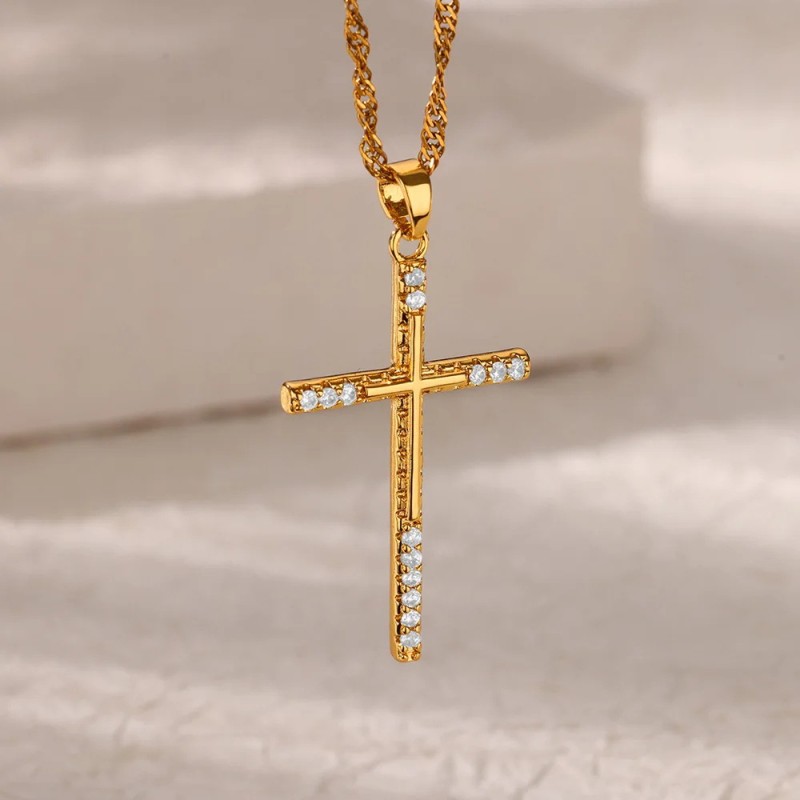 Cross-Border New Hot-Selling Copper Micro-Inlaid Zircon Fashion Snake-Shaped Cross Pendant Women's Necklace Collarbone Chain Gift