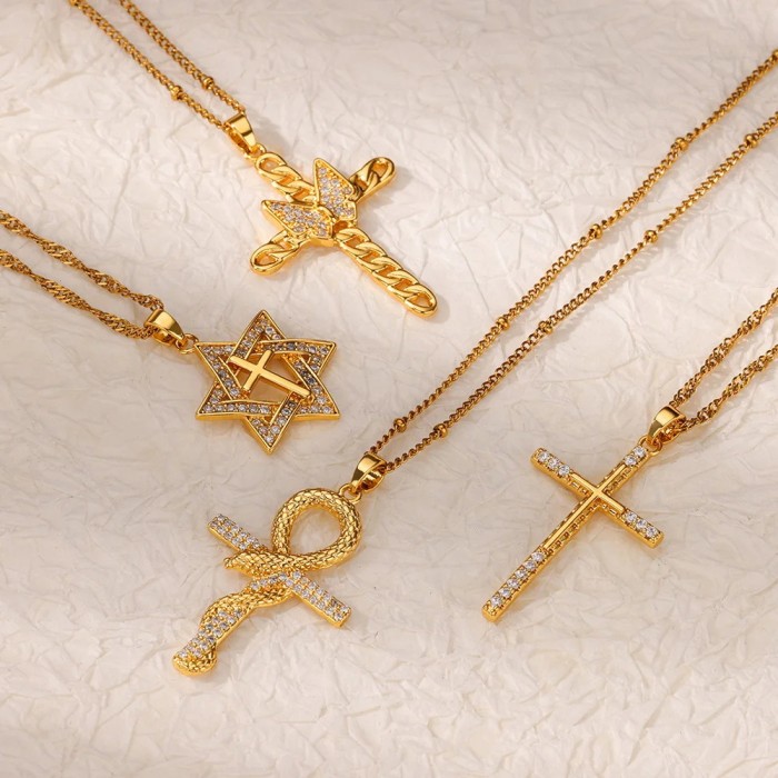 Cross-Border New Hot-Selling Copper Micro-Inlaid Zircon Fashion Snake-Shaped Cross Pendant Women's Necklace Collarbone Chain Gift