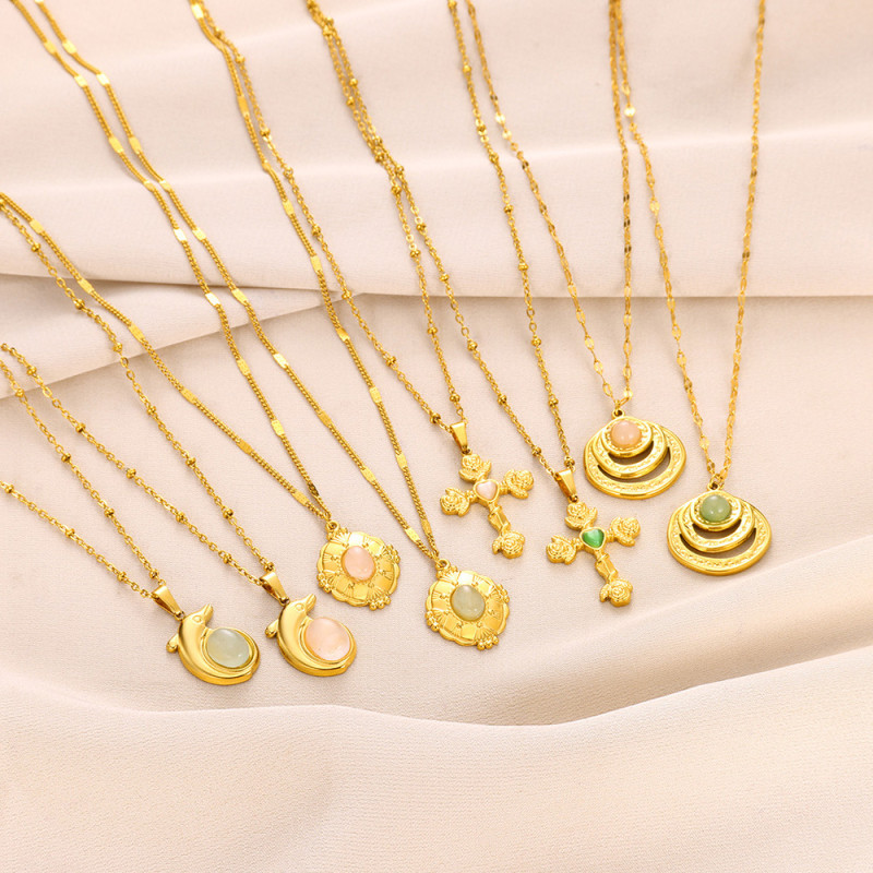 Amazon New Natural Stone Inlaid Necklace for Women New Sun Cross Stainless Steel Necklace Manufacturer Dropshipping