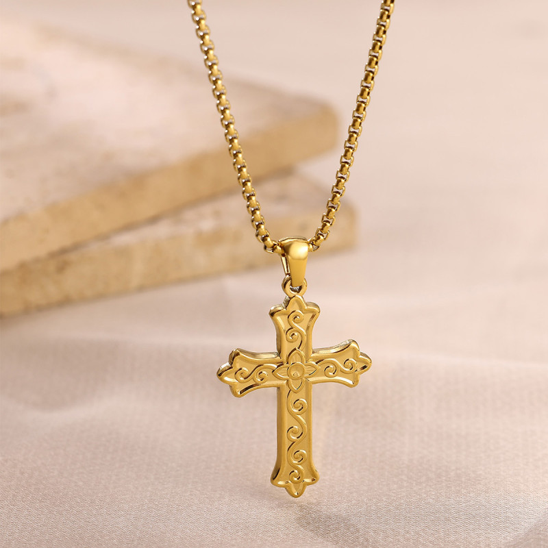 Cross-border New Necklace for Men and Women, Couple's Cross Pendant, Exquisite Stainless Steel Gold-plated Cross Jewelry Manufacturer