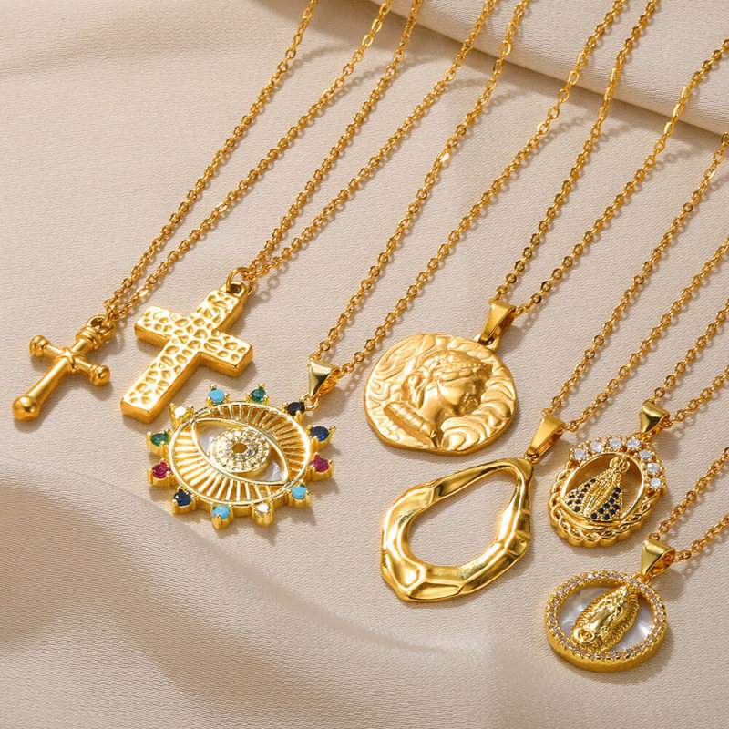 New European and American Style Cross Necklace Portrait Round Geometric Necklace Stainless Steel Hydraulic Pendant Unisex Jewelry Dropshipping