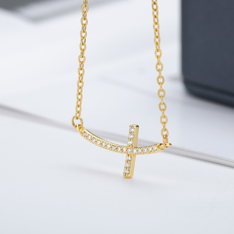AliExpress Simple Cross Zircon Pendant Necklace Unisex Curved Cross Necklace Religious Style Dropshipping