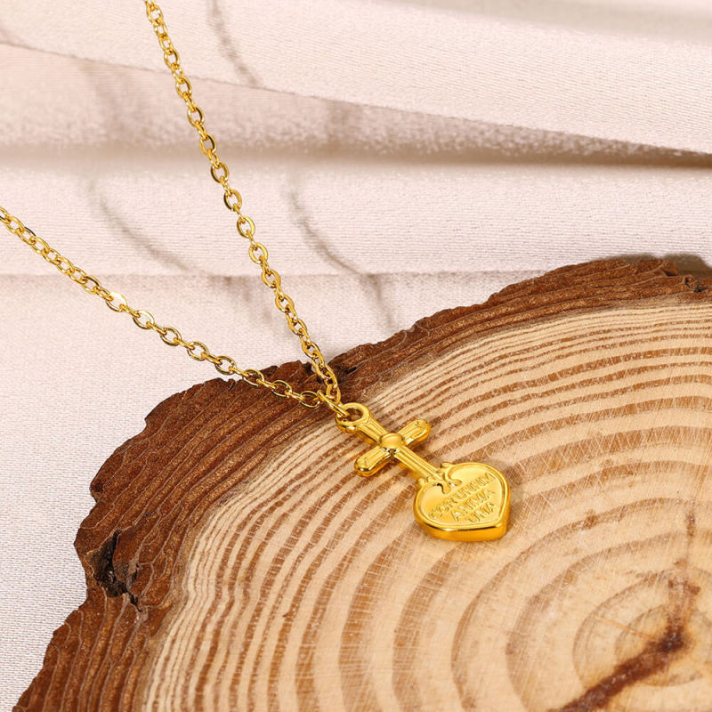 European and American New Style Stainless Steel Gold-Plated Heart-Shaped Cross Necklace for Men and Women Couples Heart Pendant Necklace Wholesale