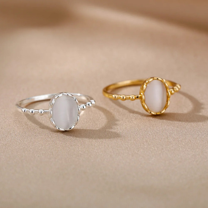 INS Style Ring Oval Half Stone Open Ring Fashion Women's Versatile Titanium Steel Non-Fading Ring