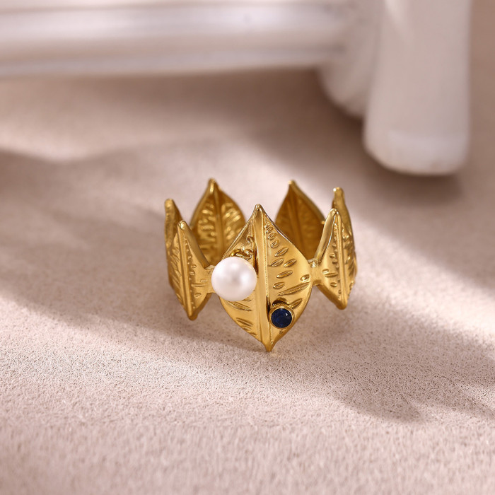 New Stainless Imitation Pearl Multi-Layer Zircon Ring 18K Gold Plated Flower Open Ring One Piece Dropshipping