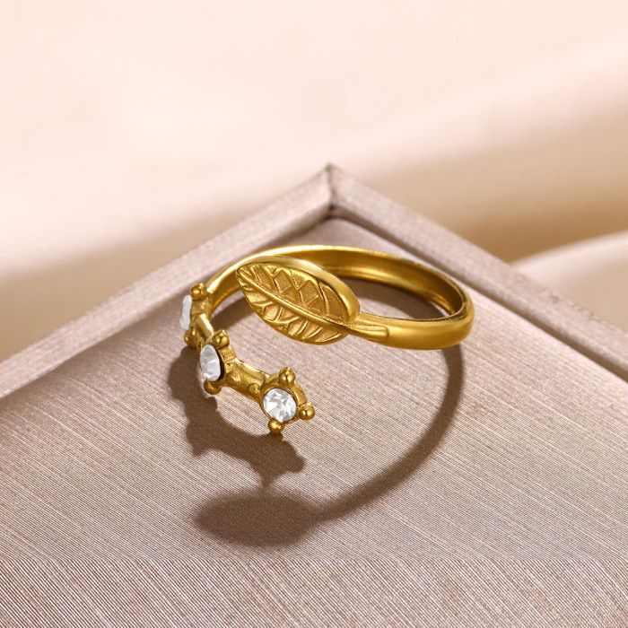 INS Style Trendy Simple Leaf Stainless Steel Open Ring Personality Imitation Pearl Zircon Titanium Steel Ring for Women