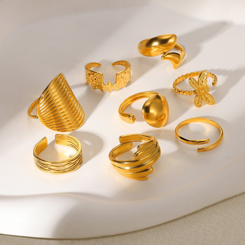 Cross-Border Foreign Trade Wholesale Textured Curved Geometric Ring Niche French Style Stainless Steel Gold-Plated Wide Tail Ring