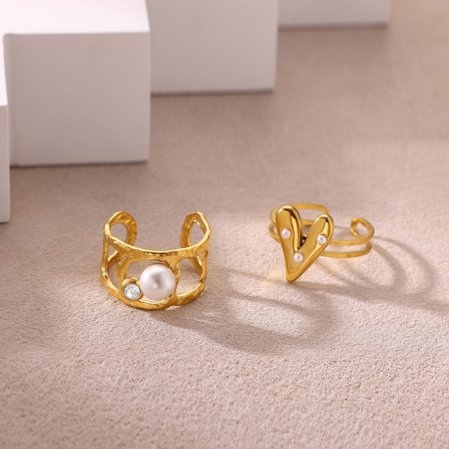 Korean Style Simple Stainless Steel Heart-Shaped Imitation Pearl Ring 18K Gold Plated Heart Women's Ring Manufacturer...