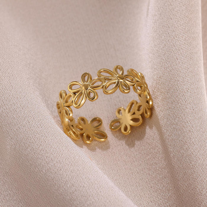 Minimalist New Stainless Steel Gold Hollow Flower Frame Ring for Women, Petal Geometric Open Ring, Jewelry