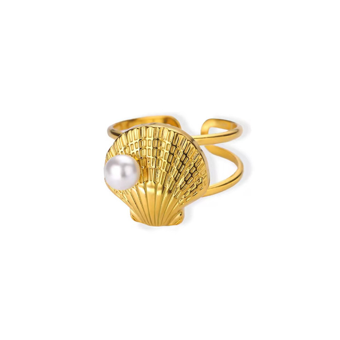 2024 Summer New Ocean Series Stainless Steel Ring Beach Style Shell Imitation Pearl Ring