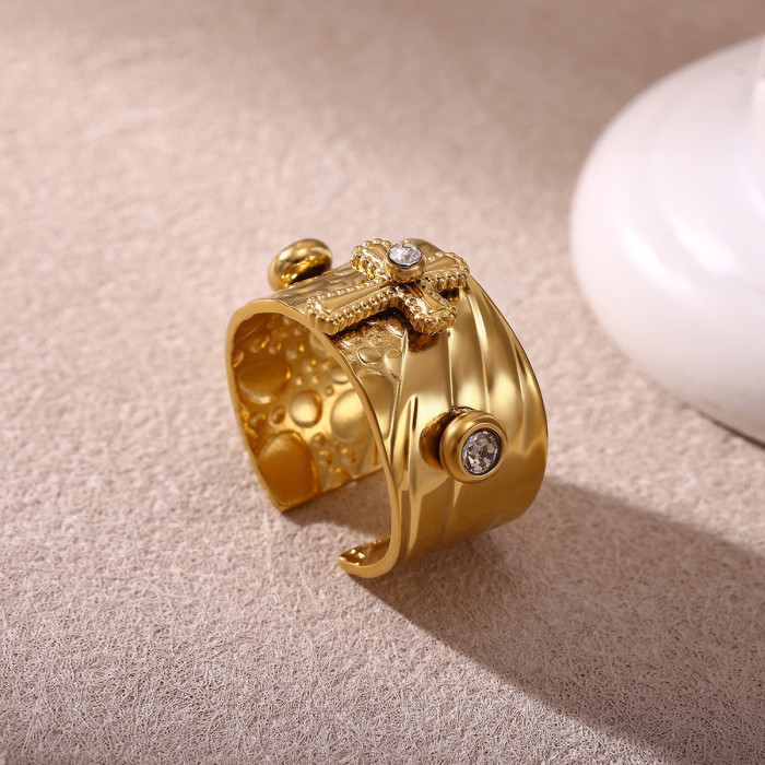 INS Cross Colorful Zircon Open Jewelry Women's Stainless Steel 18K Gold Plated Personality Wide Version Ring