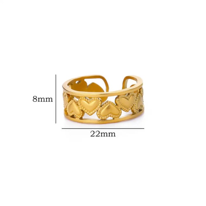 New Simple Heart-Shaped Stainless Steel Ring for Women, Heart Open Ring, 18K Gold Plated Ring