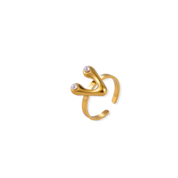 Amazon New Stainless Steel Gold Plated Imitation Pearl 26 English Letter Adjustable Open Ring