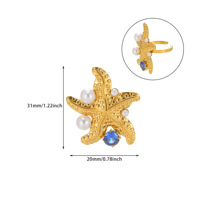 Fashion Personality Ring Colorful Zircon Female Starfish Butterfly Stainless Steel Pearl Ring Wholesale