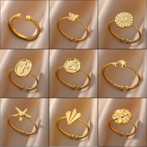 Cross-Border New Spiral Pattern Ring Butterfly Ring Plated 18k Gold Stainless Steel Hydraulic Cross Ring Women's Jewelry