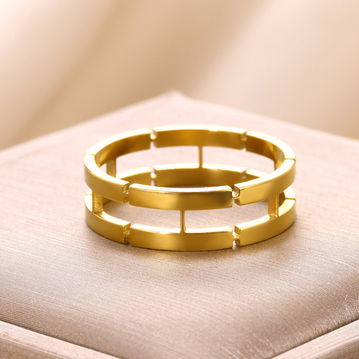 INS Fashion Light Luxury Temperament Ring Jewelry Stainless Steel 18K Plated Hollow Rectangular Geometric Chain Ring,...