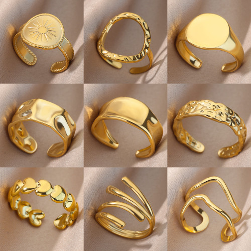 European and American New Style Stainless Steel Hydraulic Geometric Open Ring Wide Version Unisex Ring 18K Gold Plated Ring