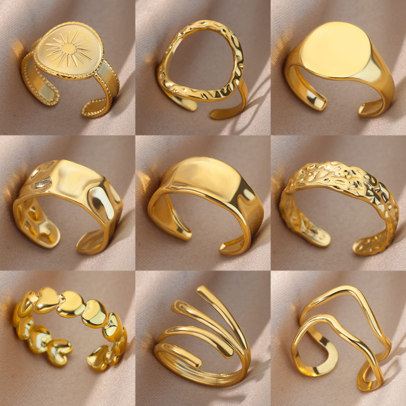 European and American New Style Stainless Steel Hydraulic Geometric Open Ring Wide Version Unisex Ring 18K Gold Plated Ring
