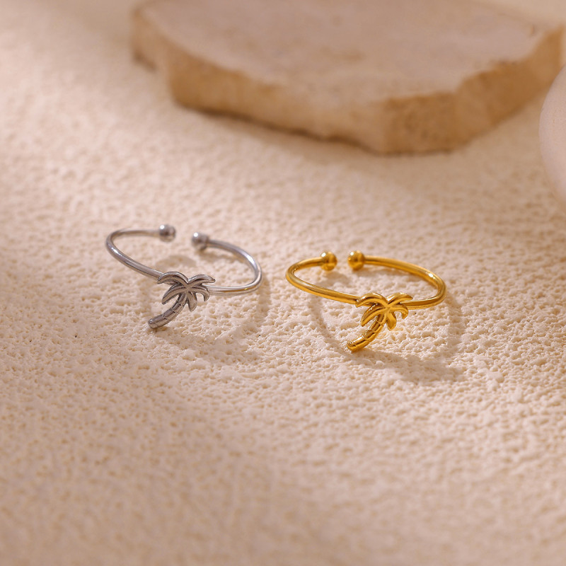 European and American Open Ring Stainless Steel Non-Fading Ring for Women Niche Design Coconut Tree 18K Gold Jewelry Wholesale
