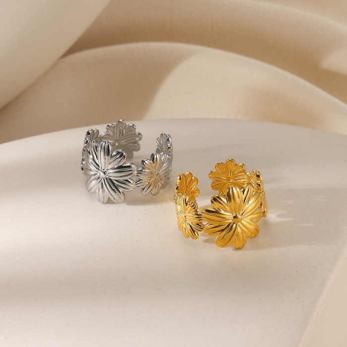 Simple Fashion Personality Geometric Ring for Women Double Layer 18K Gold Plated Stainless Steel Ring Bowknot Petal W...