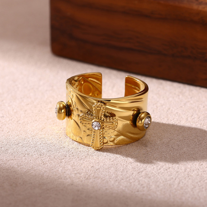 INS Cross Colorful Zircon Open Jewelry Women's Stainless Steel 18K Gold Plated Personality Wide Version Ring
