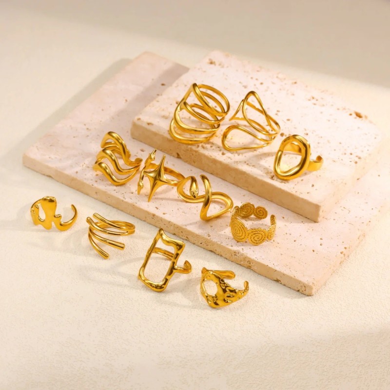 Cross-Border Simple New Style Women's Geometric Line Hollow Ring Stainless Steel Gold-Plated Multi-Layer Open Titanium Steel Ring