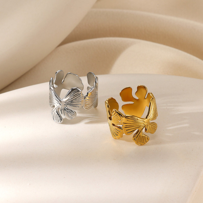 Simple Fashion Personality Geometric Ring for Women Double Layer 18K Gold Plated Stainless Steel Ring Bowknot Petal W...