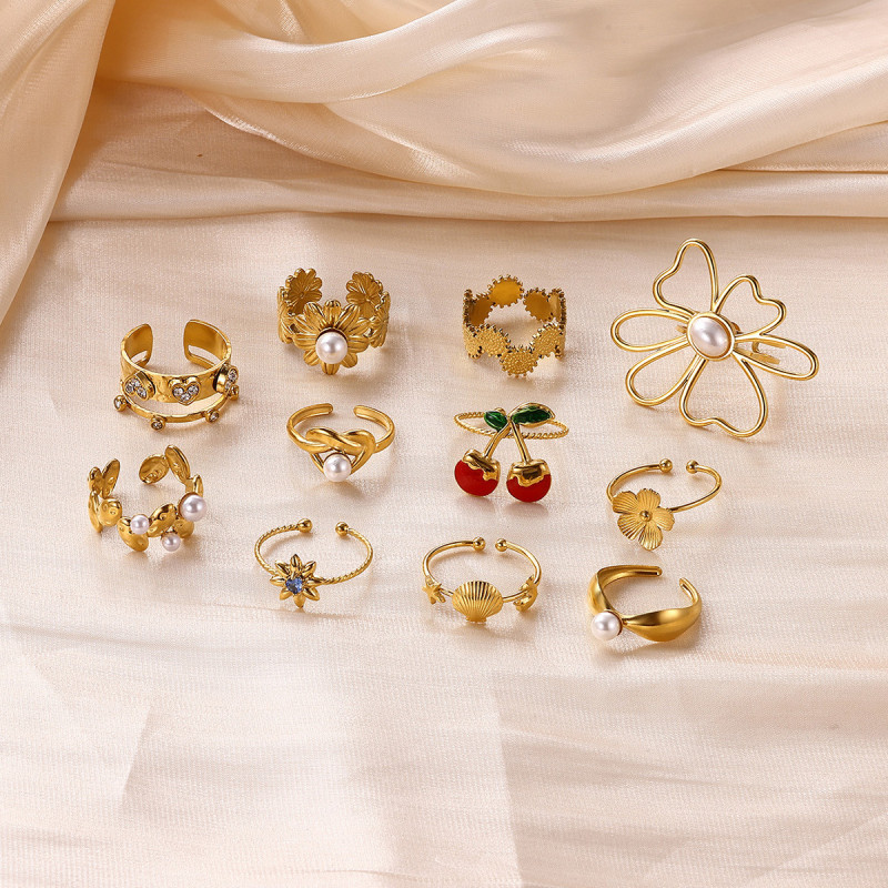 Cross-Border Minimalist New Stainless Geometric Imitation Pearl Zircon Ring 18K Gold Plated Minimalist Light Luxury Open Ring