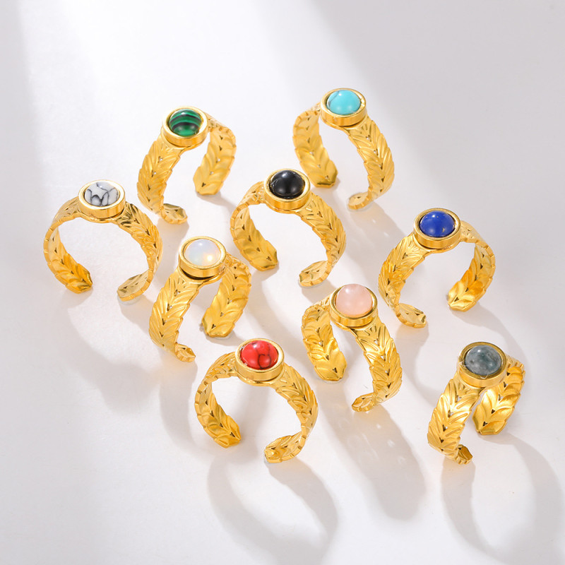 European and American Fashion Retro Ins Style Leaf Open Ring Inlaid with Turquoise Stainless Steel Ring Cross-Border Wholesale
