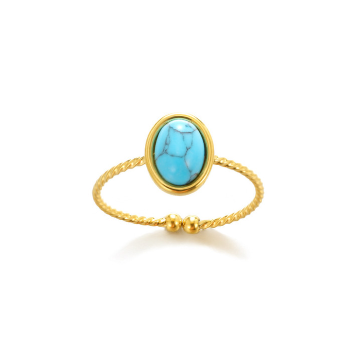 Minimalist Design Turquoise Inlaid Stainless Steel Ring Vintage Personality Open Index Finger Ring for Women One Piec...