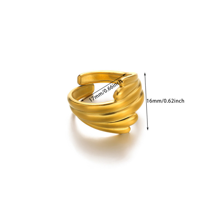 Foreign Trade Wholesale Textured Curved Geometric Ring Niche French Style Stainless Steel Gold Plated Wide Tail Ring