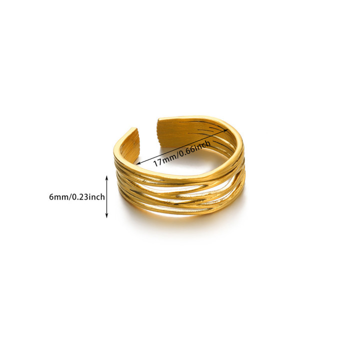 Foreign Trade Wholesale Textured Curved Geometric Ring Niche French Style Stainless Steel Gold Plated Wide Tail Ring