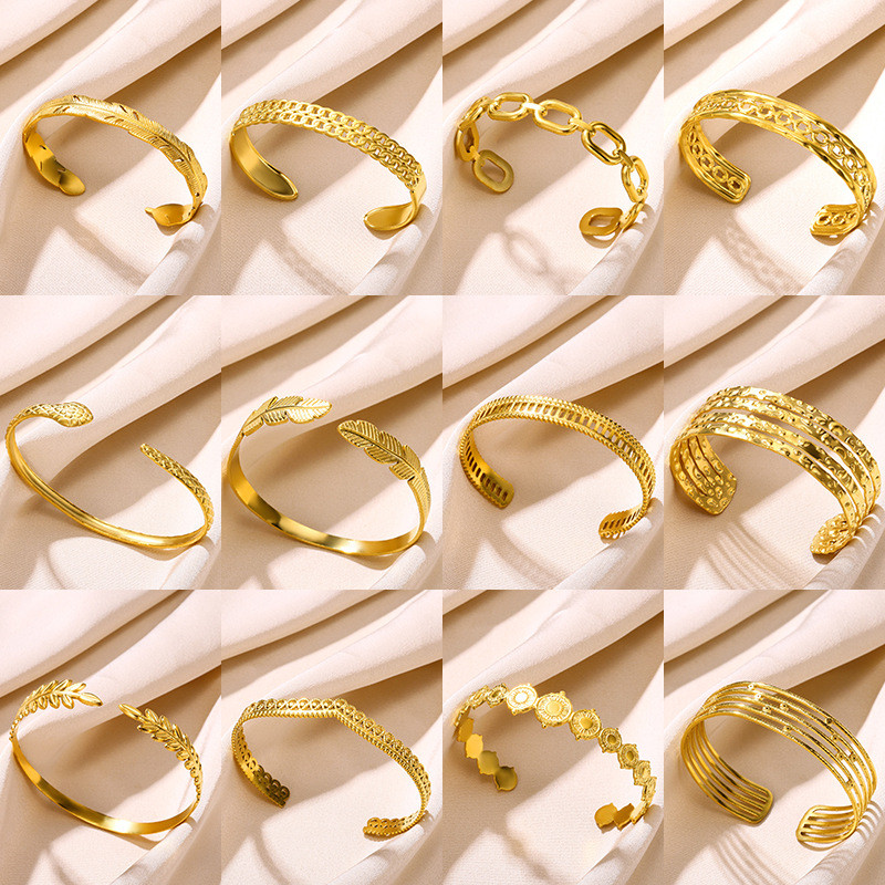 Cross-Border New European and American Style Stainless Steel Hydraulic Open Bracelet for Women Snake-Shaped Bracelet Geometric Hollow Line Gold-Plated Bracelet