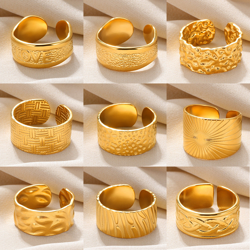 Cross-Border New Geometric Wide Stainless Steel Hydraulic Ring 18k Gold Plated Unisex Couple Niche Ring Wholesale