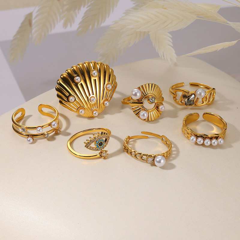 Cross-Border New Stainless Steel Inlaid Pearl Zircon Mother-of-Pearl Ring INS Style Light Luxury Simple Line Jewelry