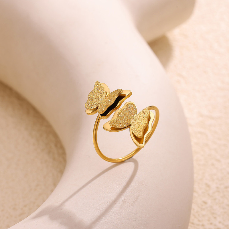 Cross-Border Japanese and Korean Version New Stainless Steel Ring Double Layer Butterfly Matte Open Adjustable Tail Ring Stainless Steel Jewelry