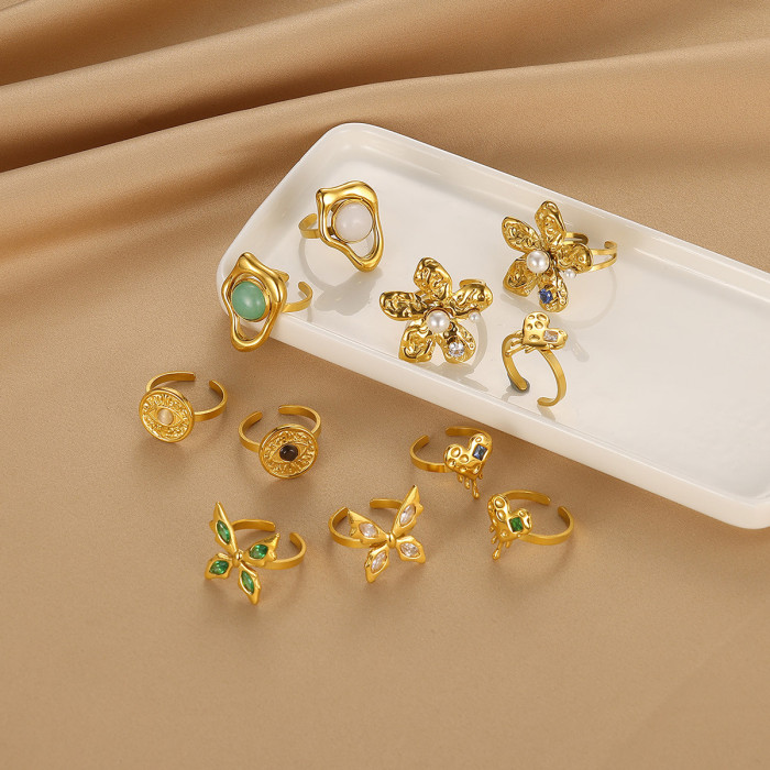 Cross-Border New Stainless Steel Natural Stone Ring Flower Niche Heart-Shaped Ring Titanium Steel Hand Jewelry Cross-Border Ring