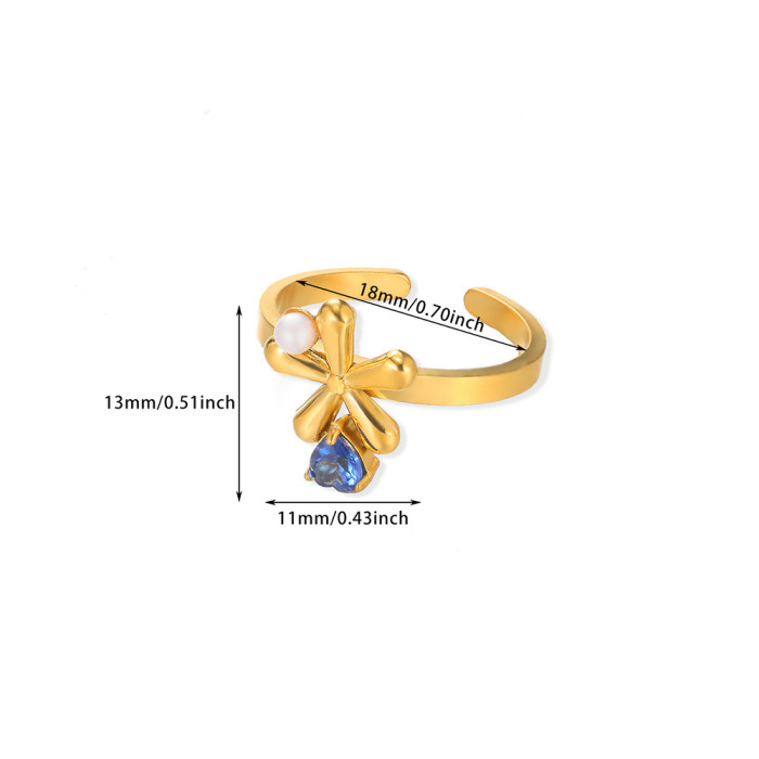 Amazon New Stainless Steel Pearl Zircon Ring for Women Hollow Geometric Open Starfish Shell Ring
