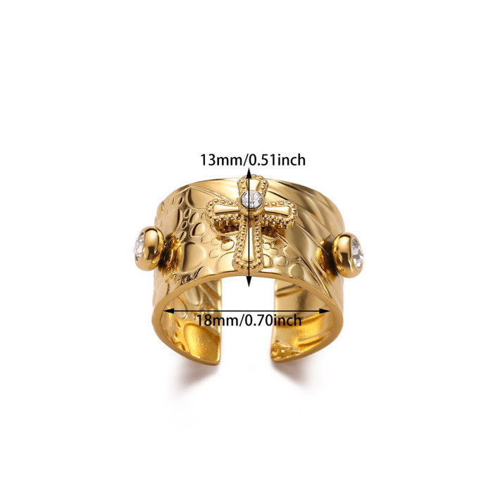 INS Cross Colorful Zircon Open Jewelry Women's Stainless Steel 18K Gold Plated Personality Wide Version Ring