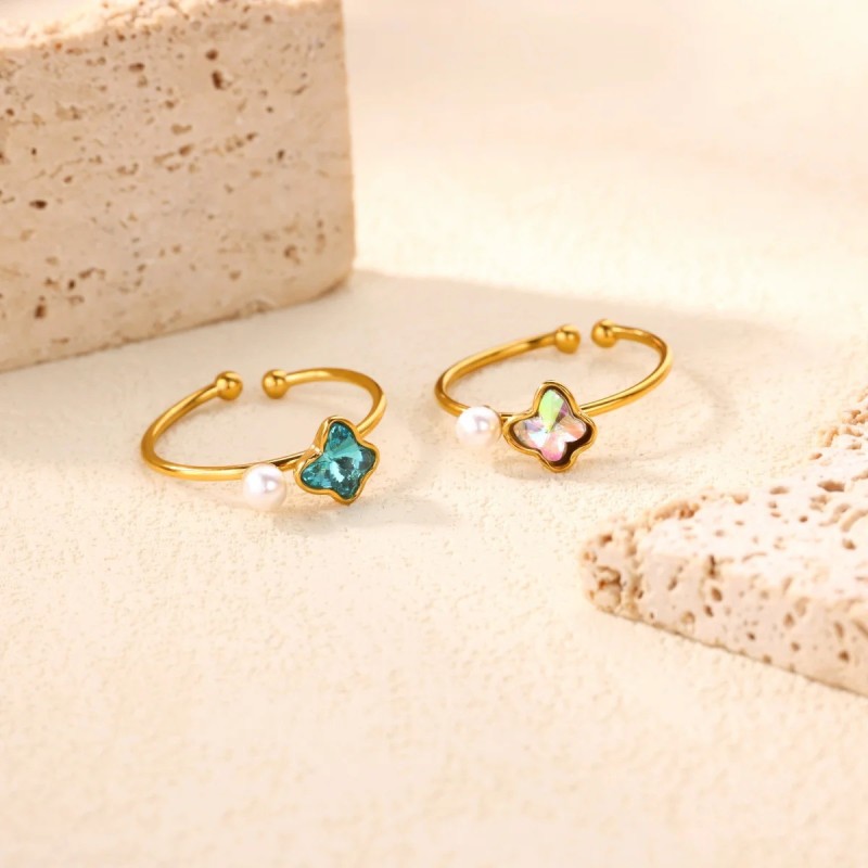 Cross-Border Simple Heart-Shaped Water Drop Zircon Stainless Steel Ring 18K Gold Plated Open Luxury High-End Feel Jewelry Rings