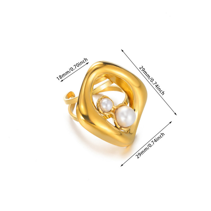 Amazon New Stainless Steel Pearl Zircon Ring for Women Hollow Geometric Open Starfish Shell Ring