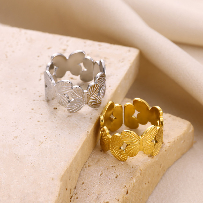 Foreign Trade Personalized Stainless Steel Ring for Women Flower Open Ring Women's Shell Ring Butterfly Ring