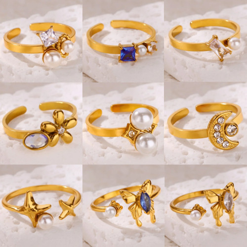 INS Style New Stainless Steel Imitation Pearl Ring Flower Niche Ring Titanium Steel Butterfly Ring Hand Jewelry Cross-Border