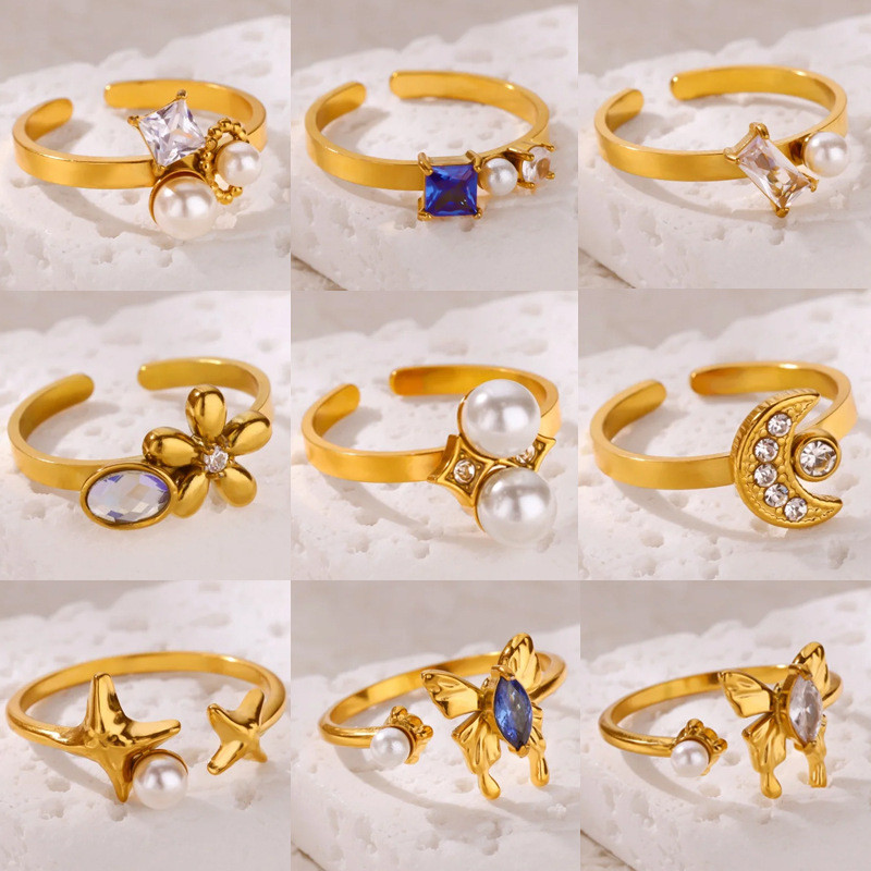 INS Style New Stainless Steel Imitation Pearl Ring Flower Niche Ring Titanium Steel Butterfly Ring Hand Jewelry Cross-Border